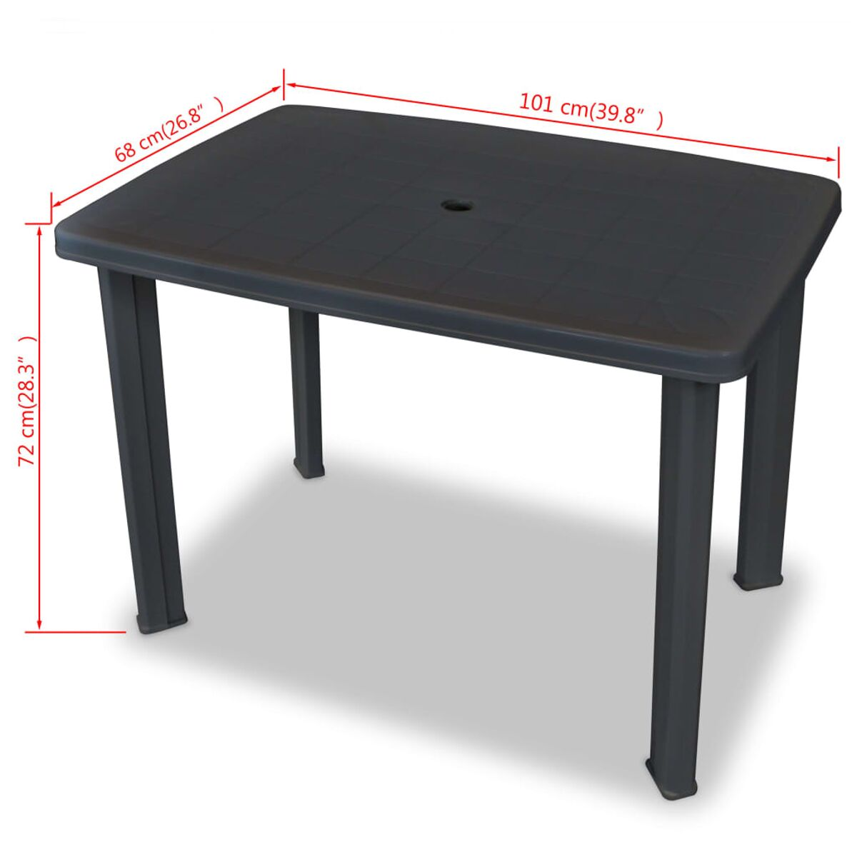 Ein dunkelgrauer rechteckiger Tisch mit vier Beinen. Abmessungen sind beschriftet: 68x101x72 cm (26,8x39,8x28,3 Zoll).