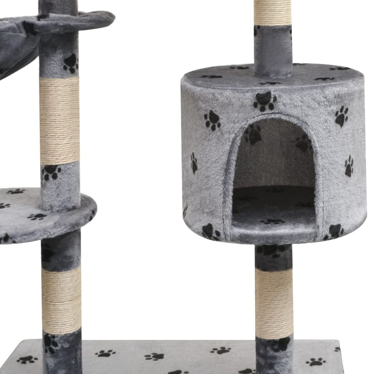 Grauer Katzenbaum mit Pfotenabdrücken. Verfügt über mehrere Plattformen, ein Katzenhaus und Kratzbäume.