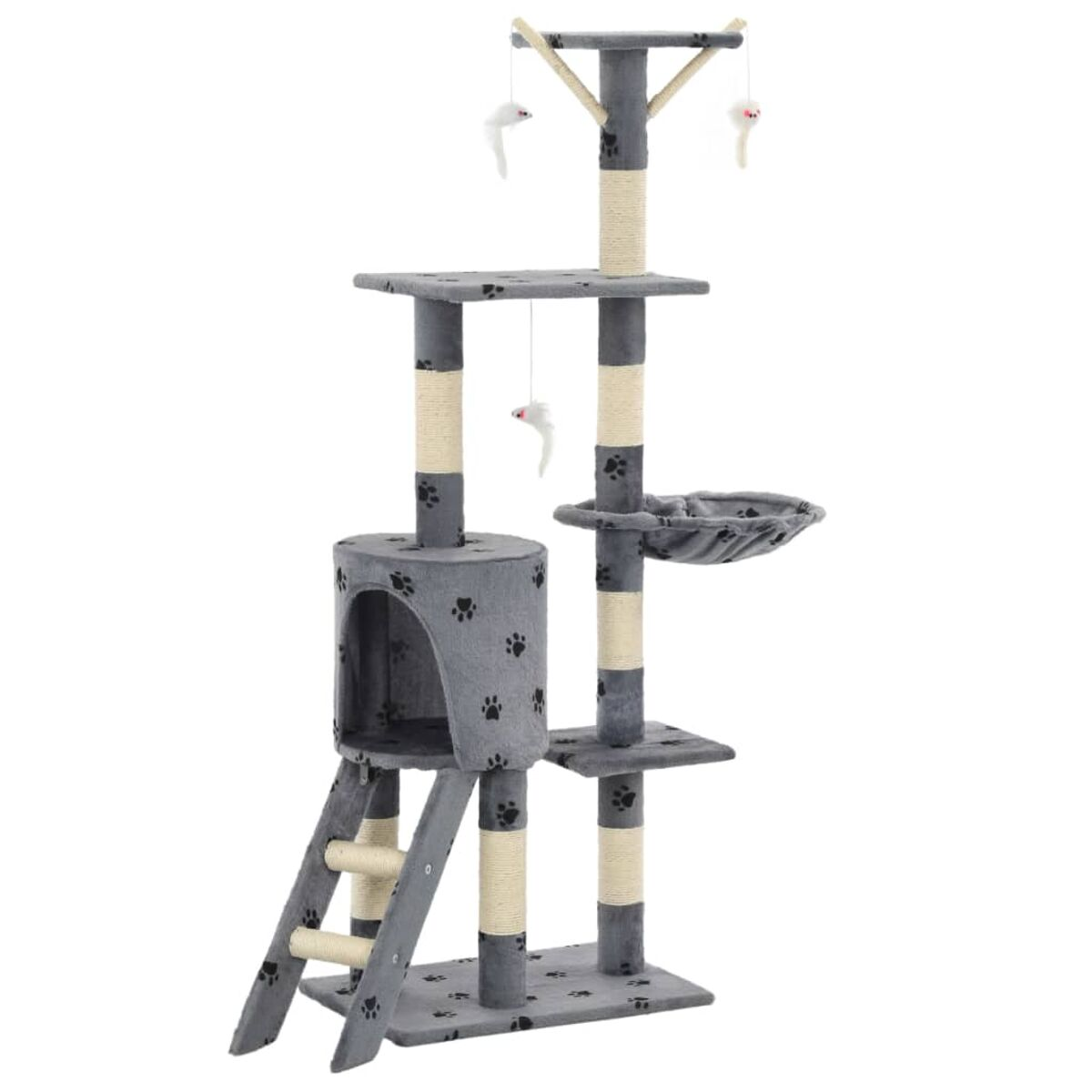 Katzenbaum mit mehreren Ebenen. Grau mit Pfotenabdrücken, beigen Kratzpfosten und Spielzeug.