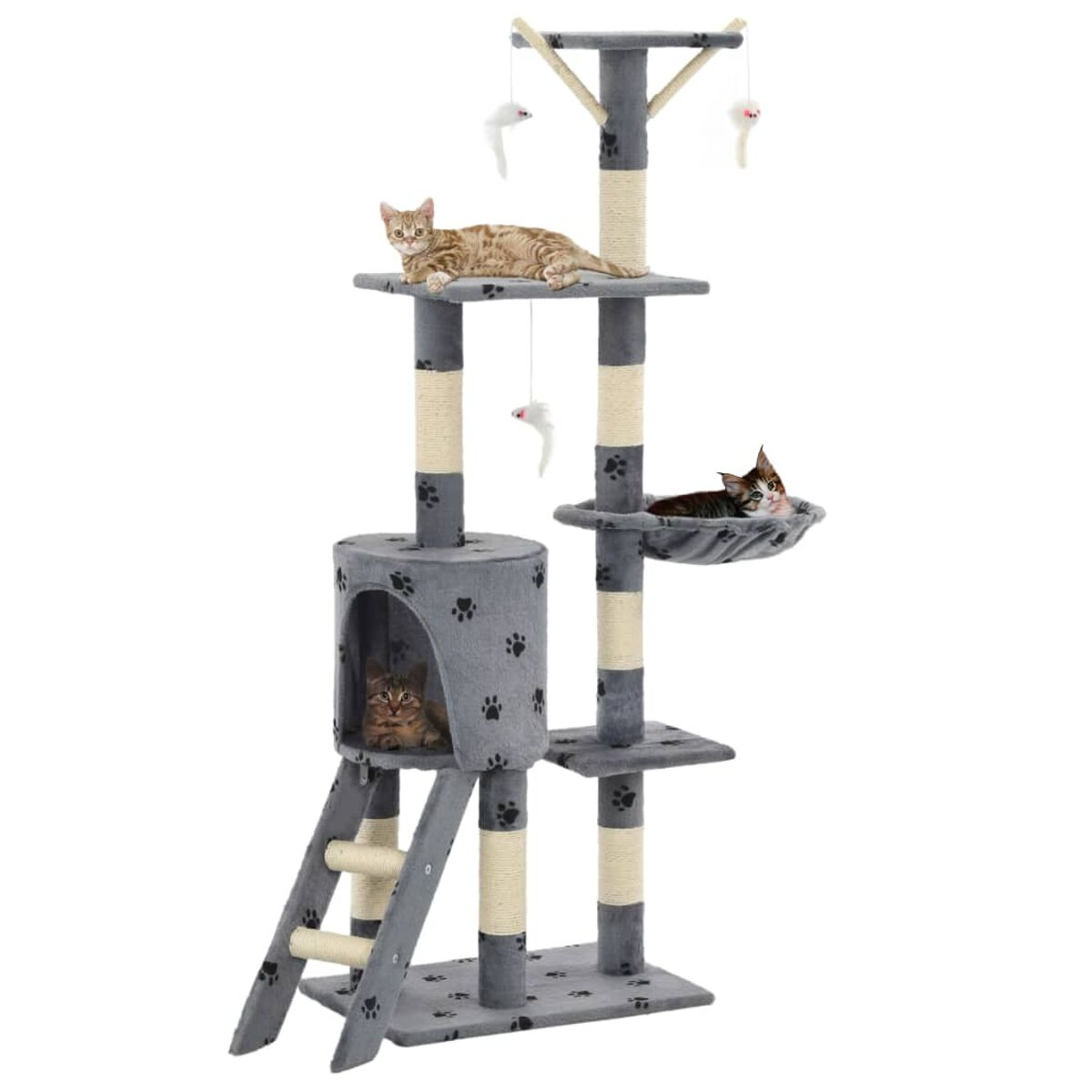 Ein mehrstöckiger Kratzbaum mit Katzen, die sich ausruhen, klettern und mit Spielzeug spielen.
