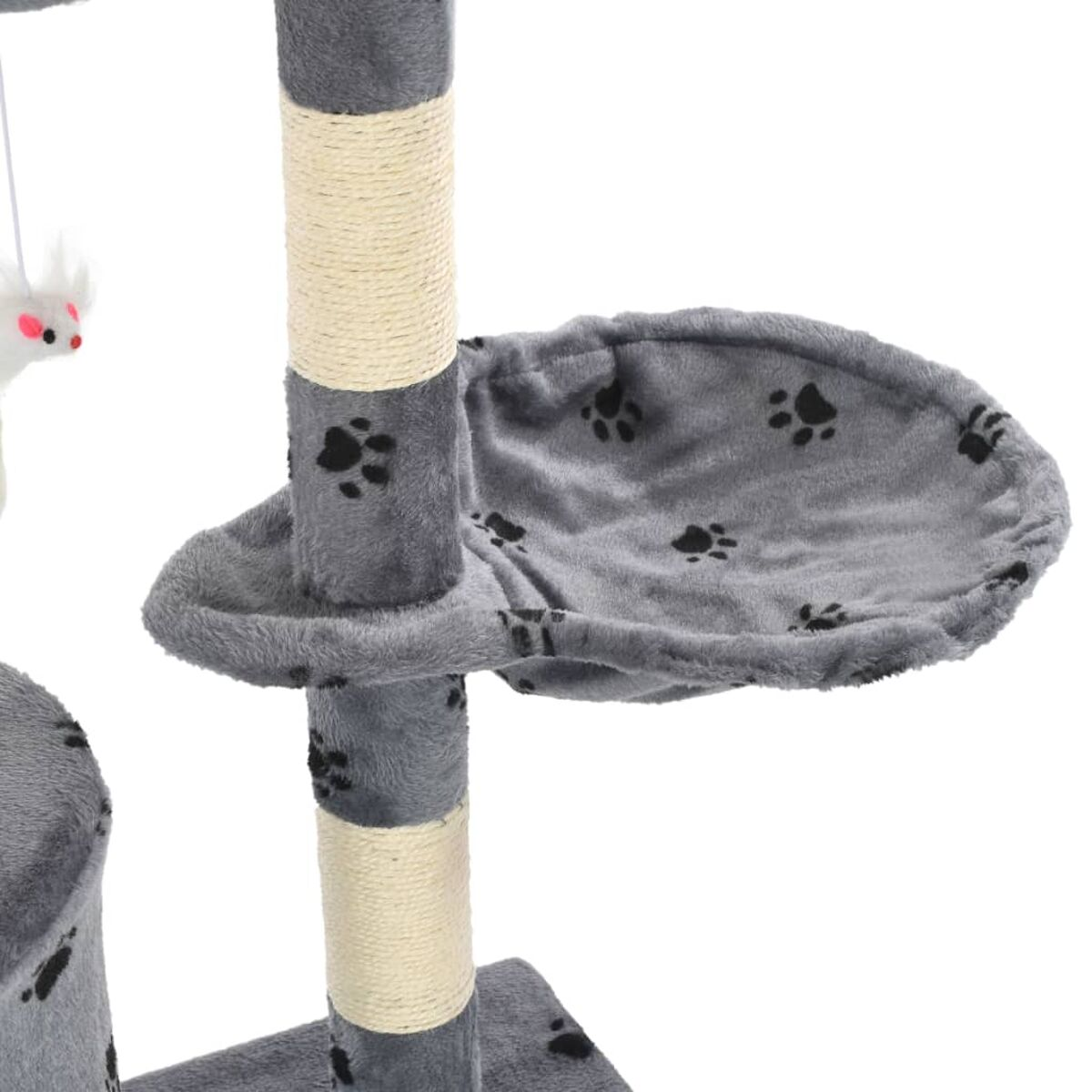 Grauer Kratzbaum mit Bett und Kratzpfosten, mit einem hängenden Spielzeug.