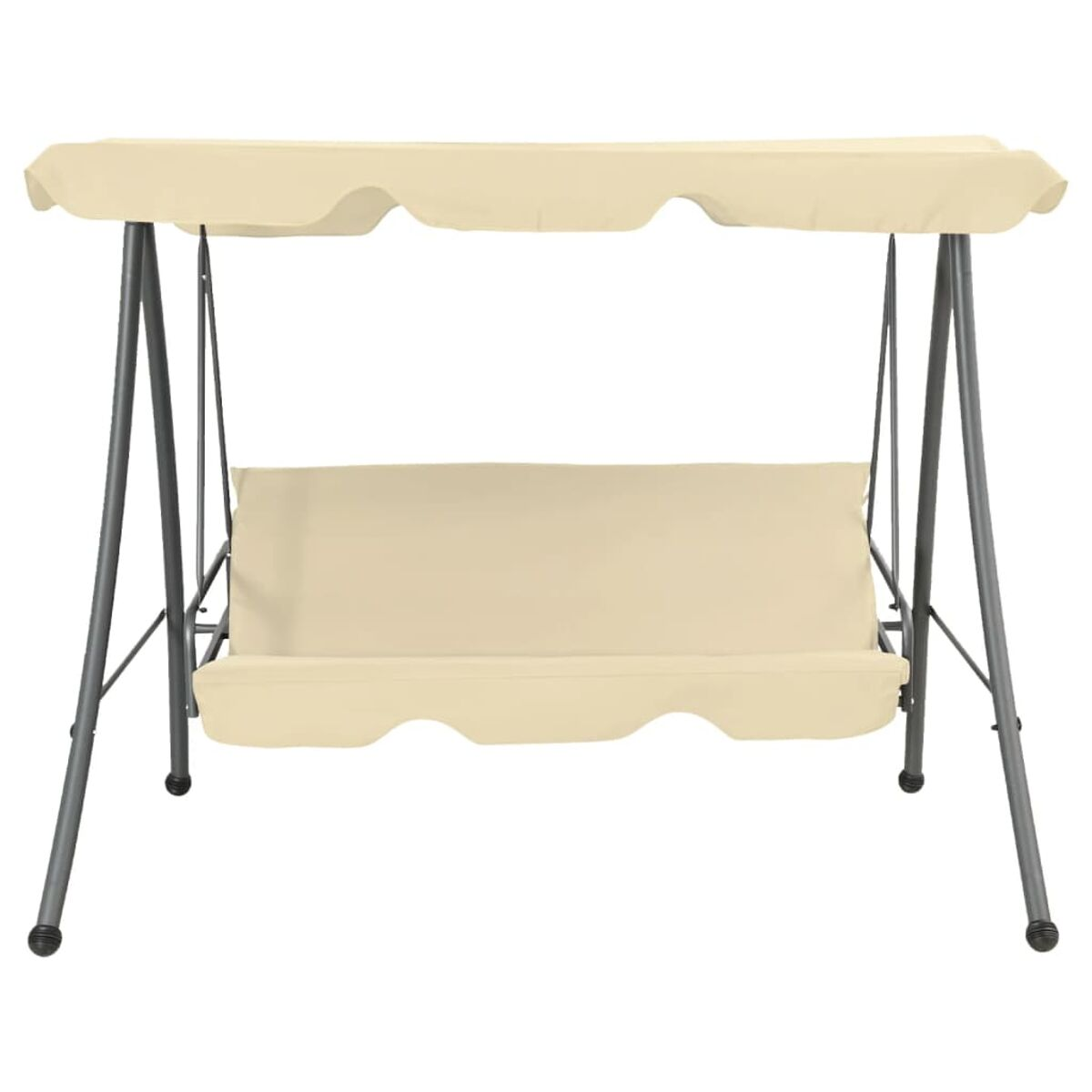 Beige Metallschaukel mit Baldachin, vor weißem Hintergrund.