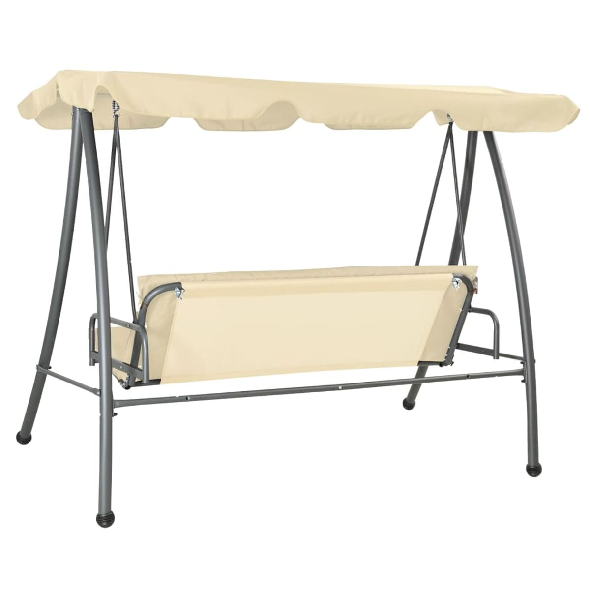 Beige Schaukel mit beigem Baldachin, auf weißem Hintergrund.
