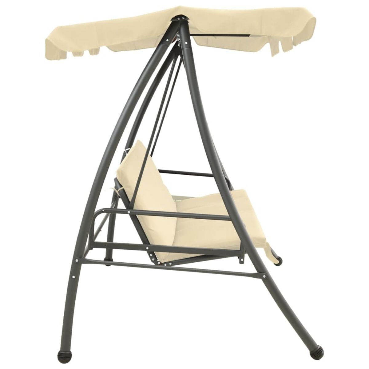 Beiger Schaukelstuhl mit Baldachin. Dunkles Gestell, beige Kissen und Baldachin, vor weißem Hintergrund.