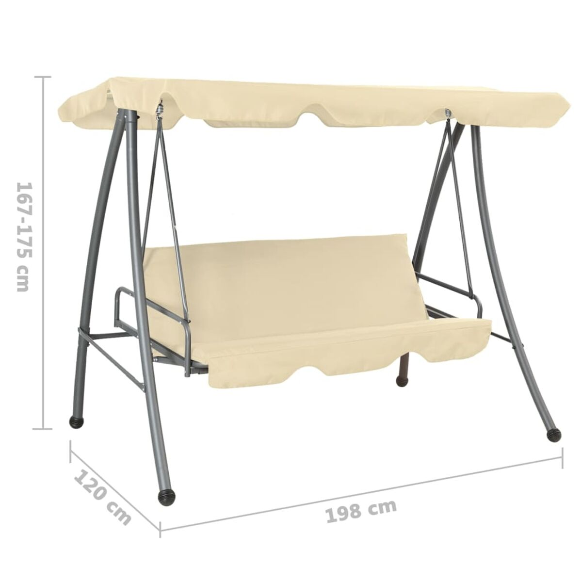 Beige Schaukel mit Sonnensegel, mit Abmessungen: 167-175 cm Höhe, 120 cm Breite, 198 cm Länge.