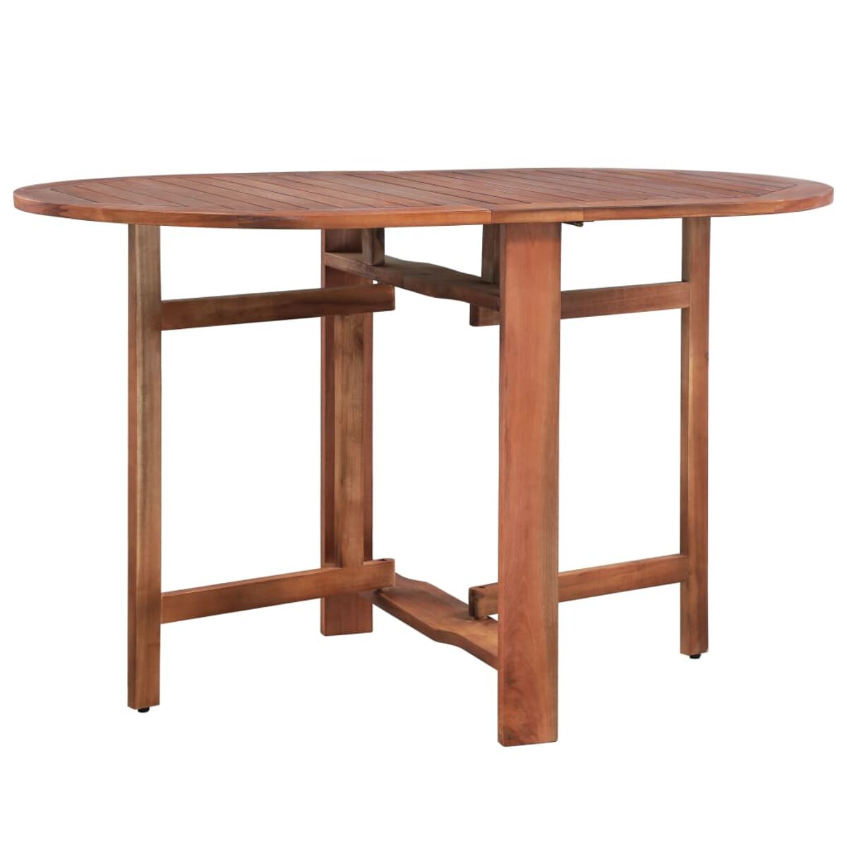 Ein Holztisch mit ovaler Platte und vier Stützbeinen.
