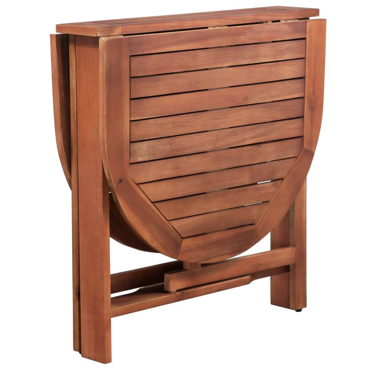 Zusammenklappbarer Holztisch, geschlossen und aufrecht, Holzmaserung sichtbar.