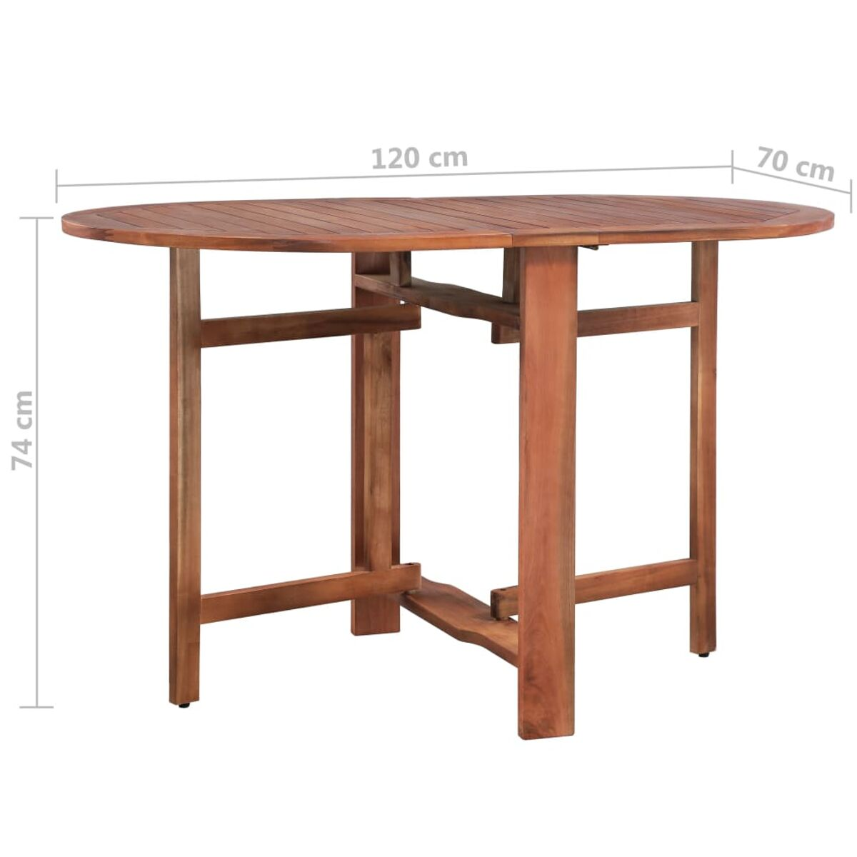 Klapptisch aus Holz mit heller Holzplatte und Holzbeinen. Abmessungen sind sichtbar.