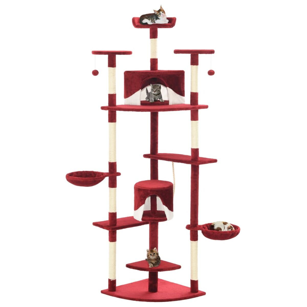 Roter und beiger Katzenbaum mit Plattformen, Höhlen und Spielzeug, mit Katzen.