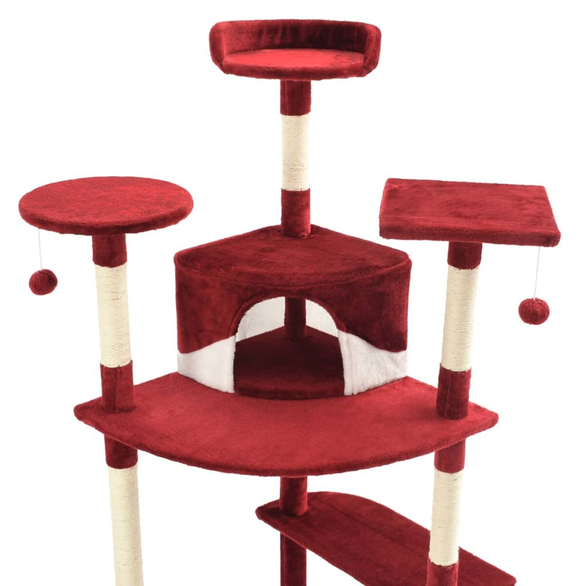 Roter Katzenbaum mit mehreren Plattformen, einer Höhle und Kratzbäumen.