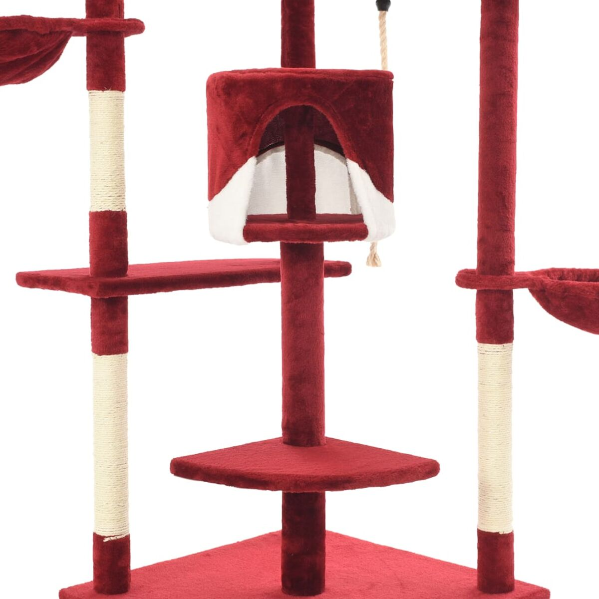 Roter Katzenbaum, mit Plattformen und einem Versteck. Beige Pfosten. Weißer Hintergrund.