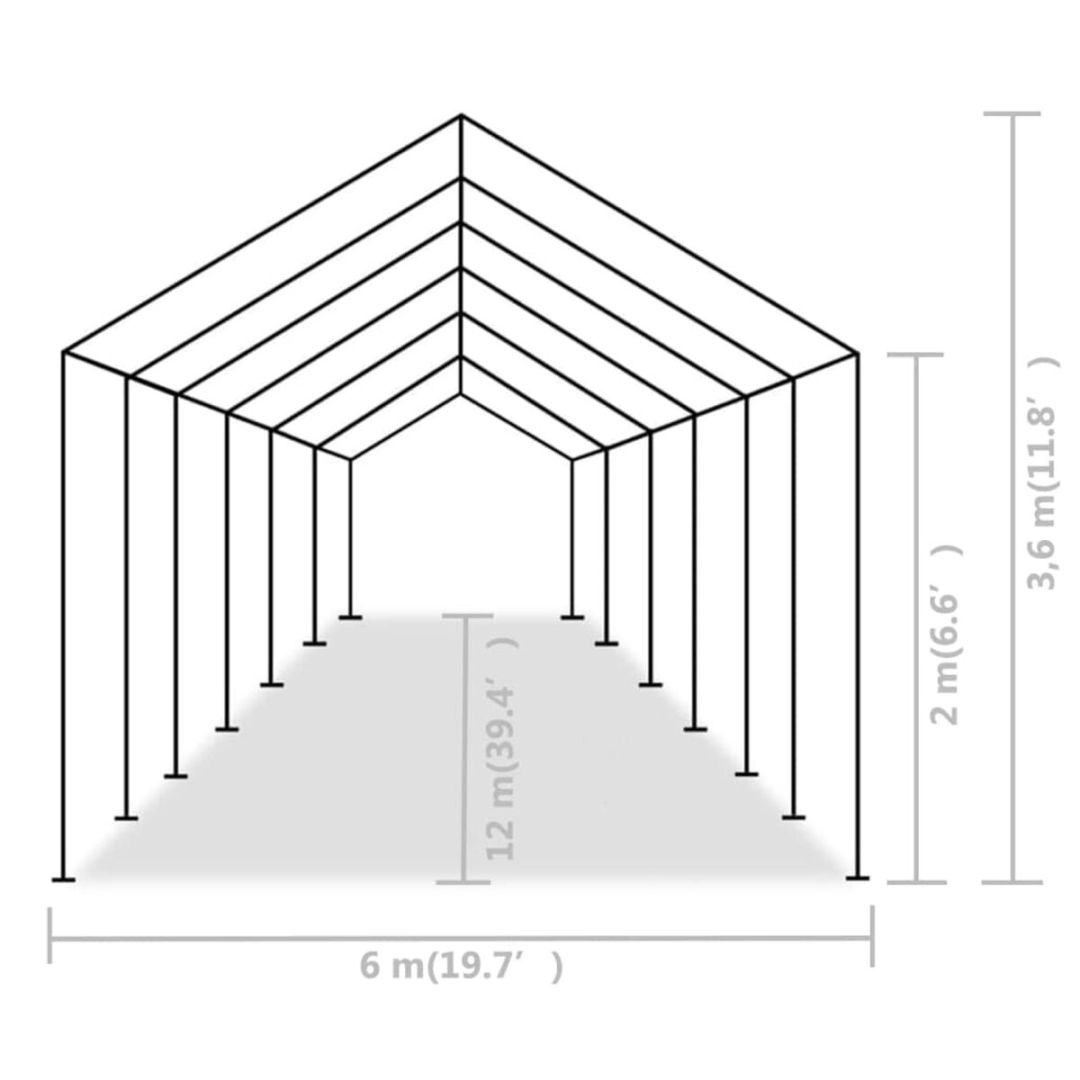 Schwarze Metallrahmenstruktur mit Beschriftungen, 6 m breit, 12 m lang, 3,6 m hoch. Schatten darunter.