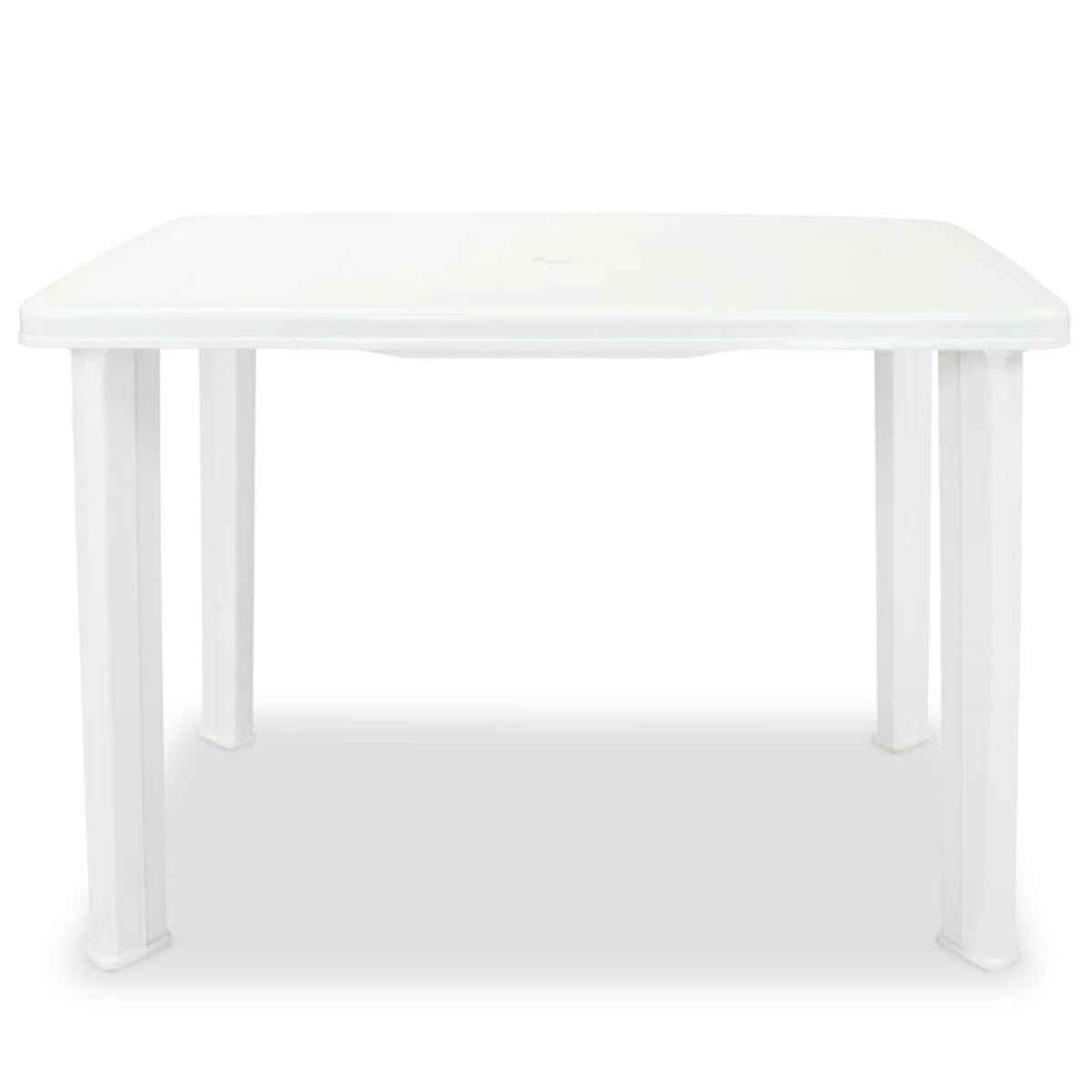 Ein weißer quadratischer Tisch mit vier weißen Beinen, wirft einen weichen Schatten.