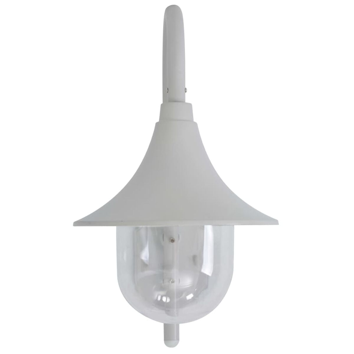 Eine weiße Außenlampe mit gebogenem Arm und einem klaren, glasartigen Boden.