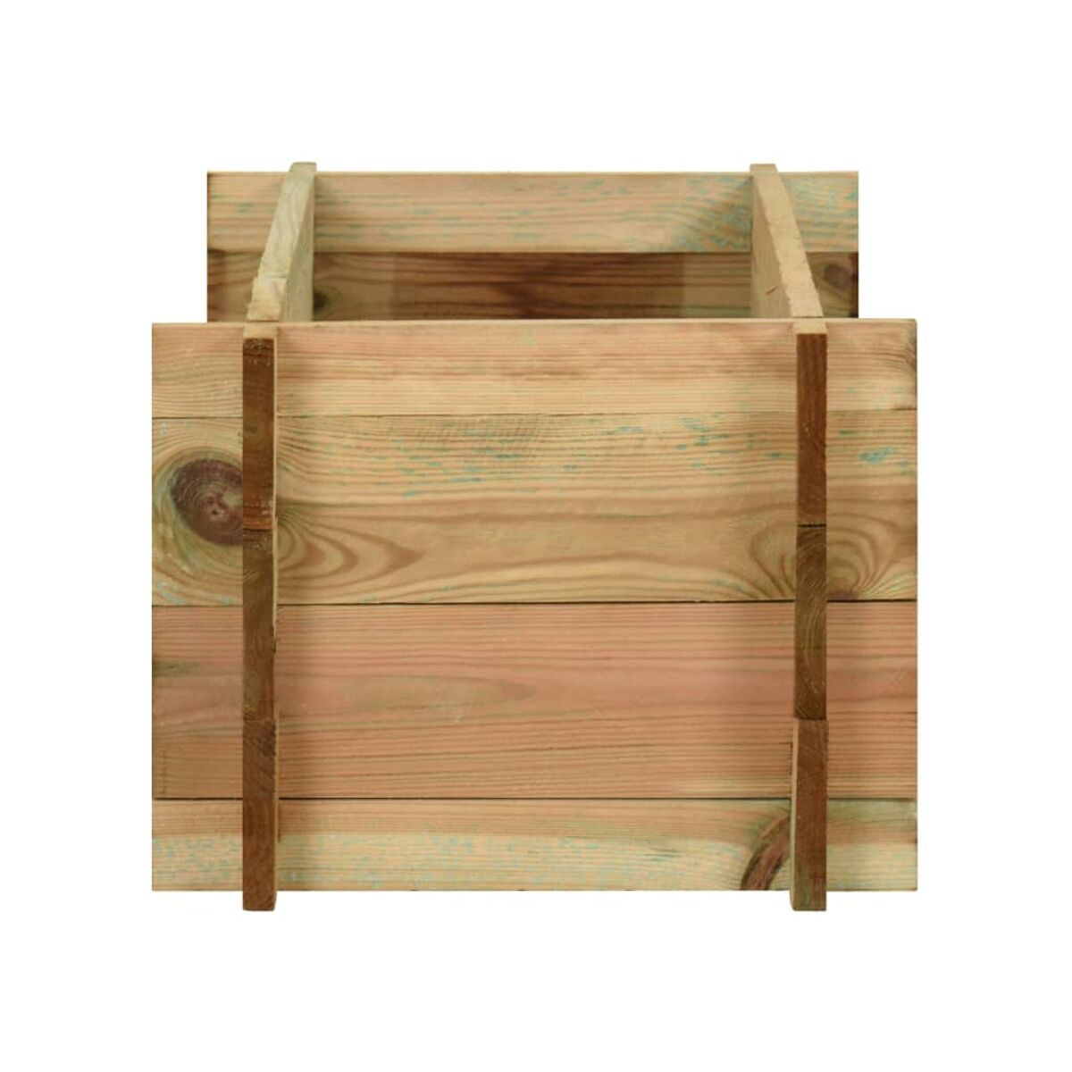 Pflanzkasten aus Holz, hellbraun, mit vertikalen Stützen und horizontalen Brettern.