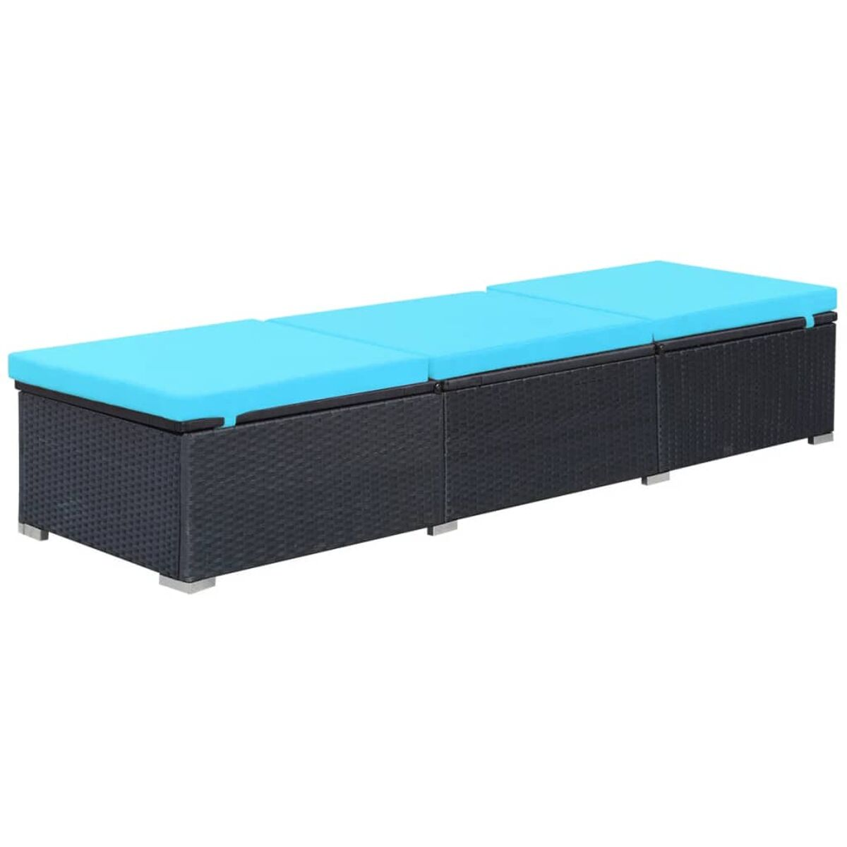 Ein dunkelgraues Ecksofa für den Außenbereich mit drei Abschnitten, jeweils mit blauem Kissen, auf weißem Hintergrund.