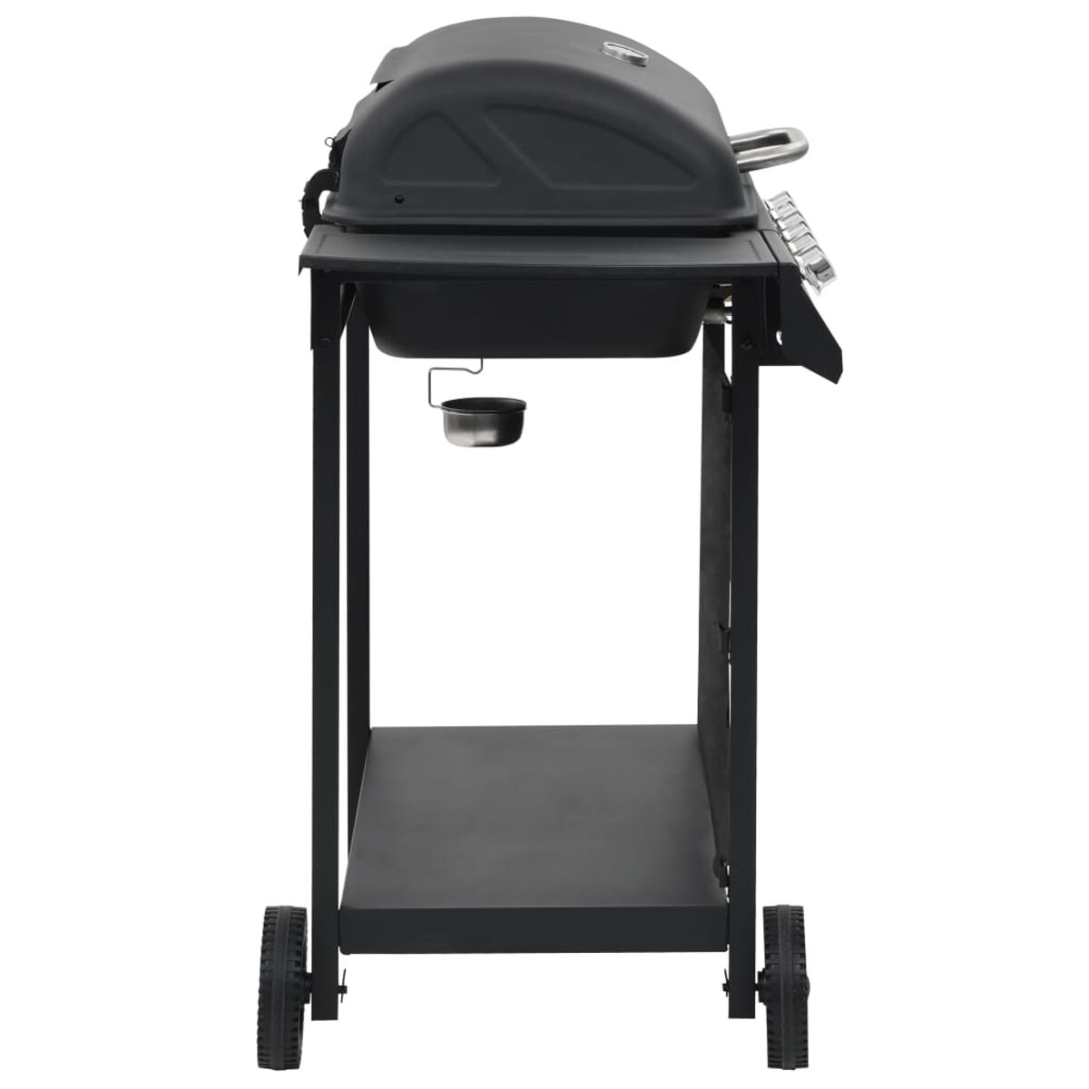 Schwarzer Außengrill auf einem schwarzen Rahmen mit Rädern. Enthält ein unteres Regal und einen Beistelltisch.