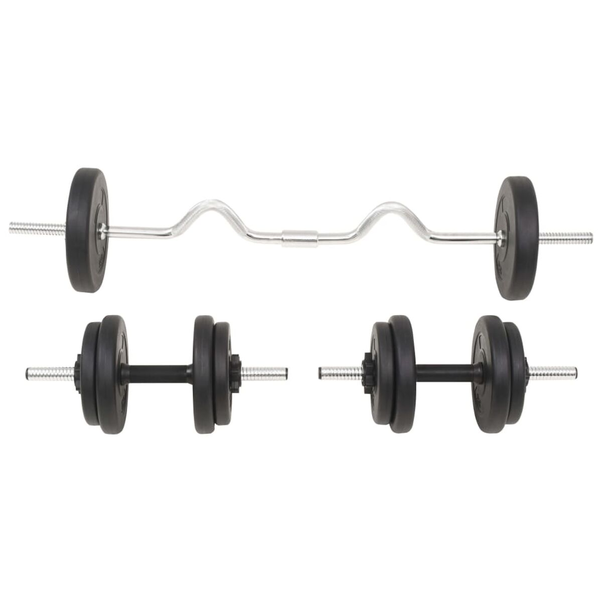 Set aus Hanteln und einer EZ-Curl-Stange. Schwarze Gewichte. Isoliert auf weißem Hintergrund.