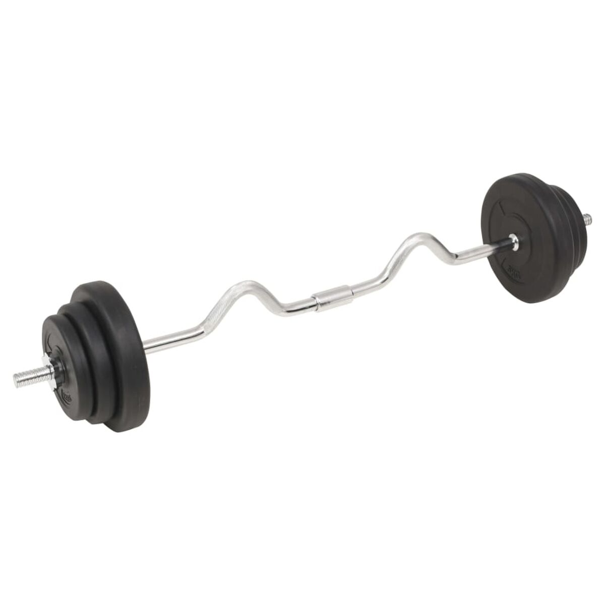 Gebogene Langhantel mit schwarzen Gewichtsplatten an jedem Ende. Die Stange ist silber und wellenförmig.