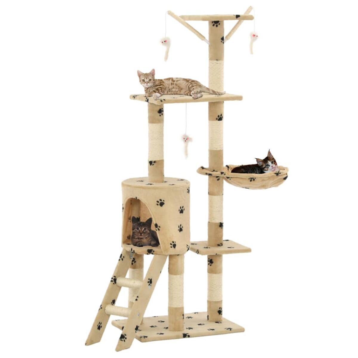 Katzenbaum mit drei Katzen. Beige Farbe mit mehreren Ebenen und Kratzbäumen.