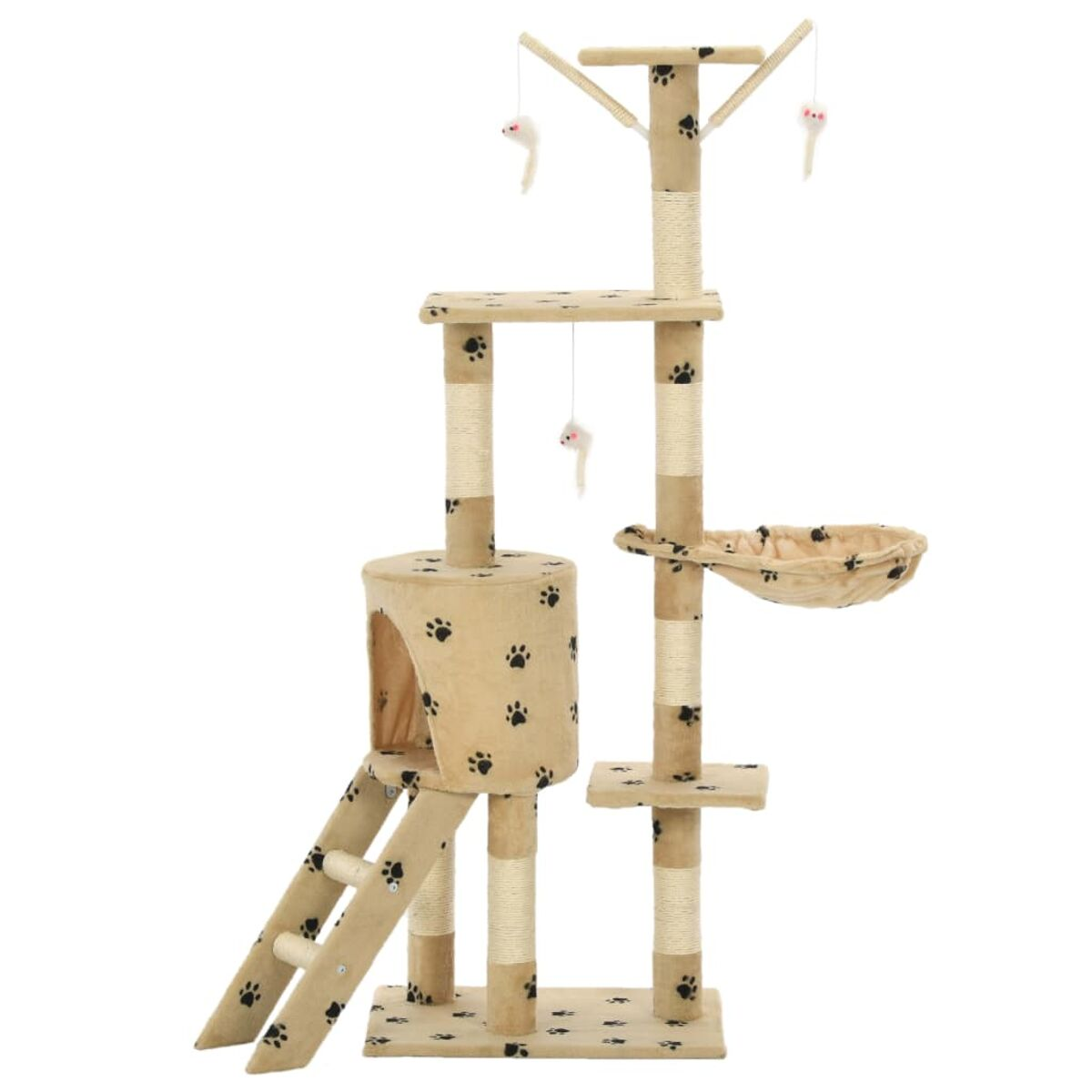 Beiger Katzenbaum mit Plattformen, Leiter, Kratzbäumen und Spielzeug.