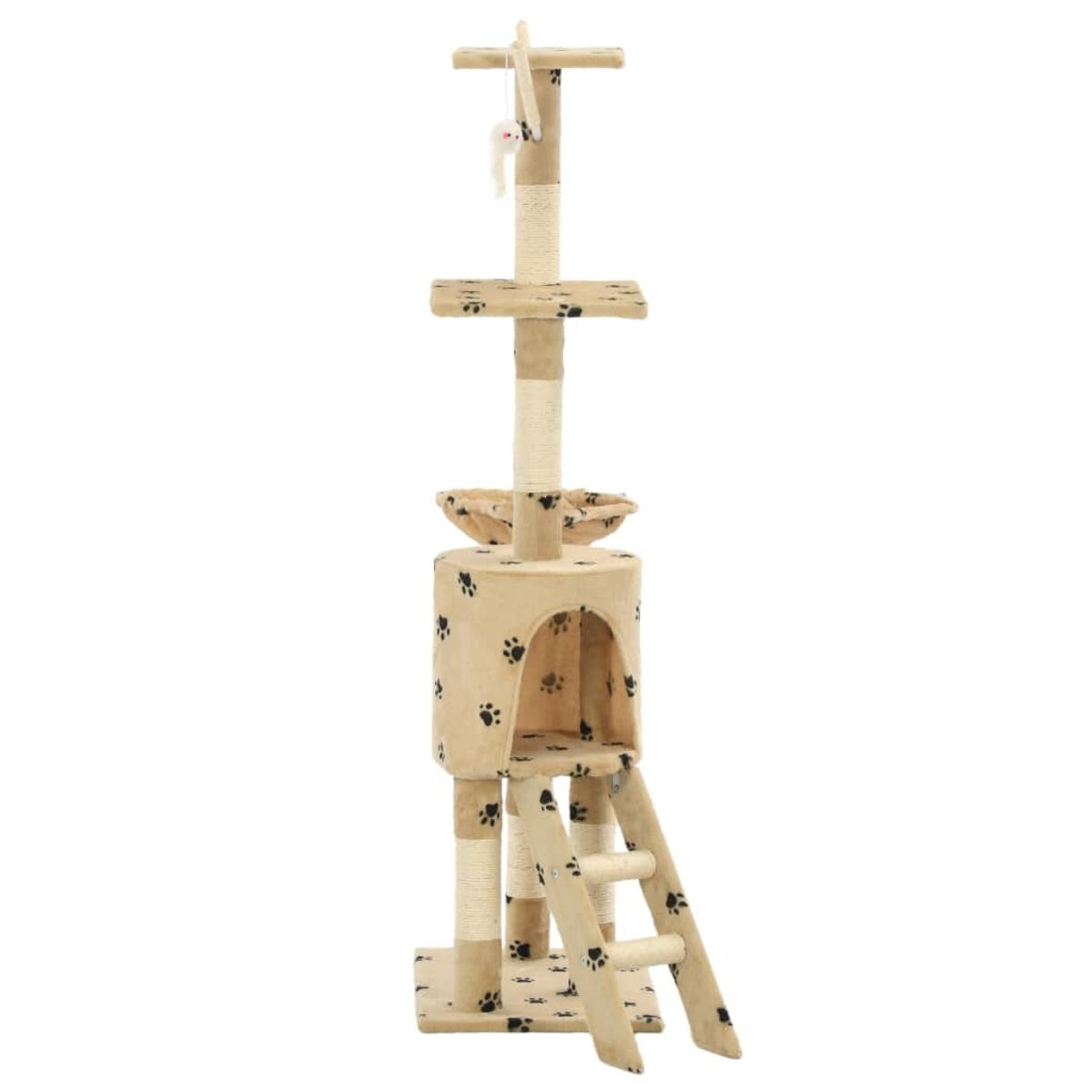 Beiger Katzenbaum mit mehreren Plattformen, einem Haus, Kratzbäumen und einem Spielzeug. Schwarze Pfotenabdrücke.
