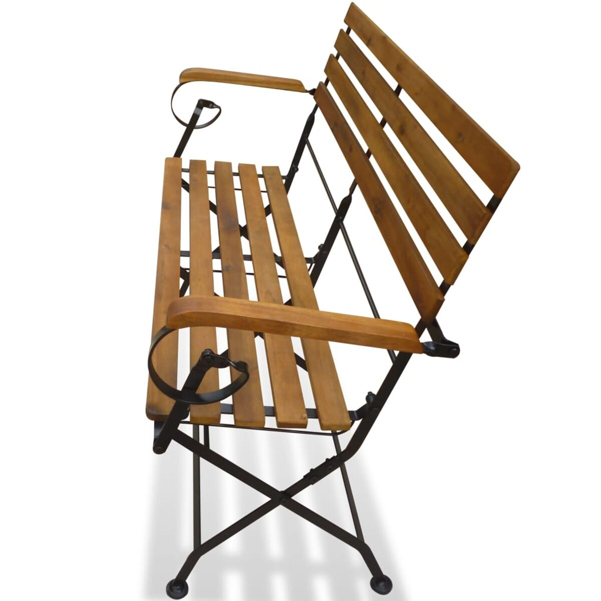 Holzbank mit schwarzem Metallrahmen. Die Bank hat Holzlatten für Sitz und Rücken.