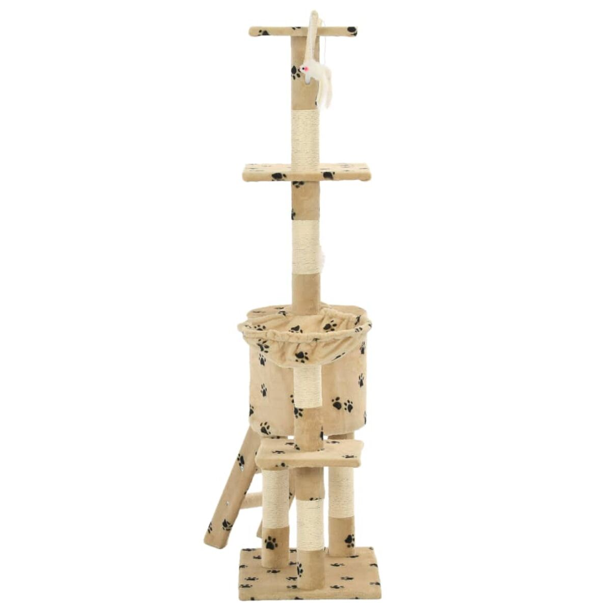 Beiger Kratzbaum mit mehreren Plattformen, Kratzpfosten, einem Korb und einem hängenden Spielzeug, vor weißem Hintergrund.