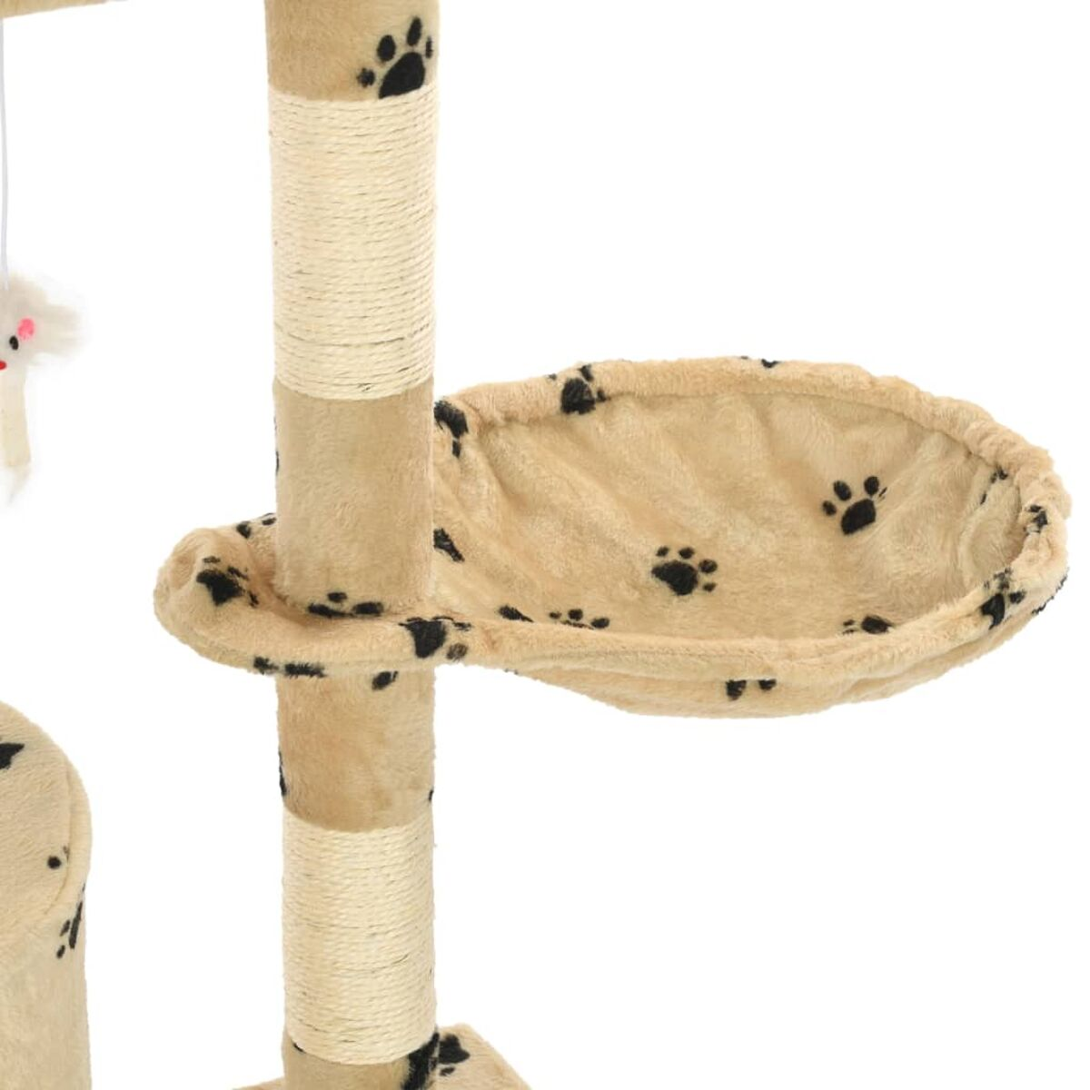 Katzenbaum Detail. Beige Pfosten mit Pfotenabdruck-Plattform und hängendem Spielzeug.