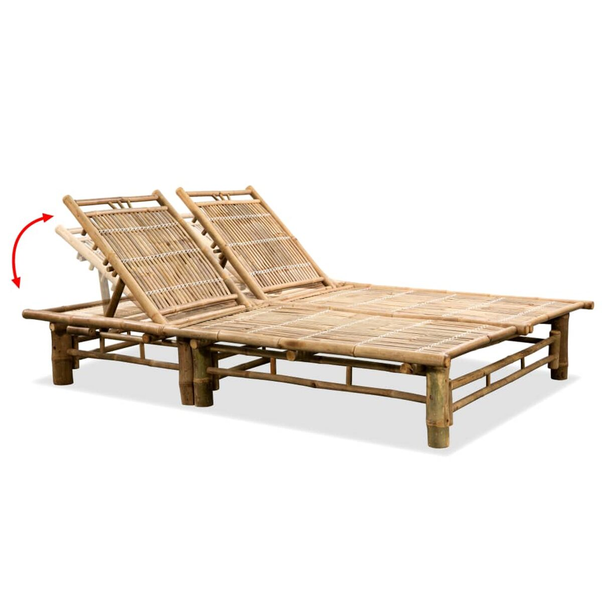 Zwei Bambus-Sonnenliegen mit verstellbaren Rückenlehnen.
