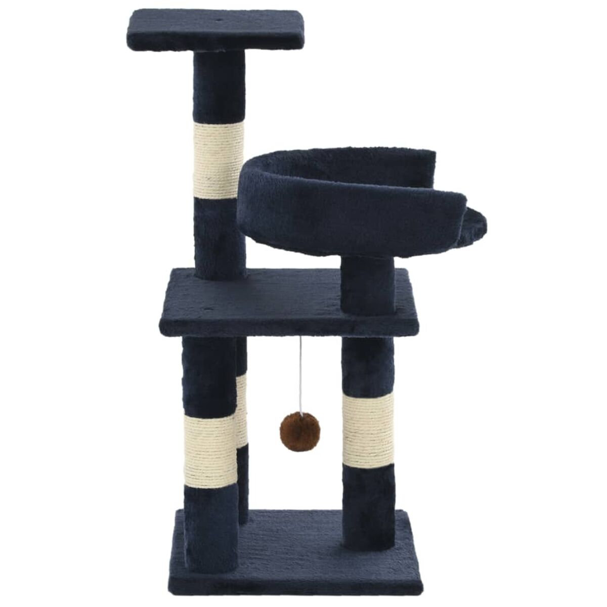Katzenbaum mit mehreren Ebenen. Das Farbschema ist marineblau und beige mit einer hängenden Kugel.