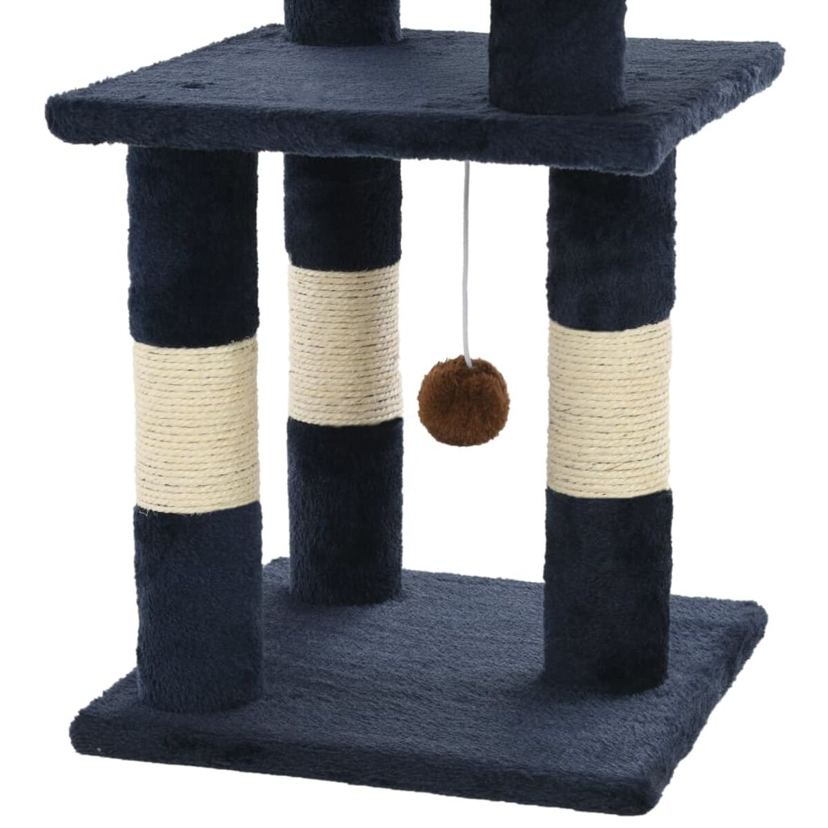 Marineblaues Katzenkratzbaum mit seilumwickelten Pfosten und einem Spielzeug.