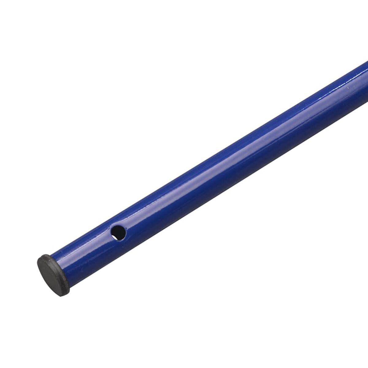 Nahaufnahme einer blauen Metallstange mit schwarzem Gummistopfen und kleinem Loch.