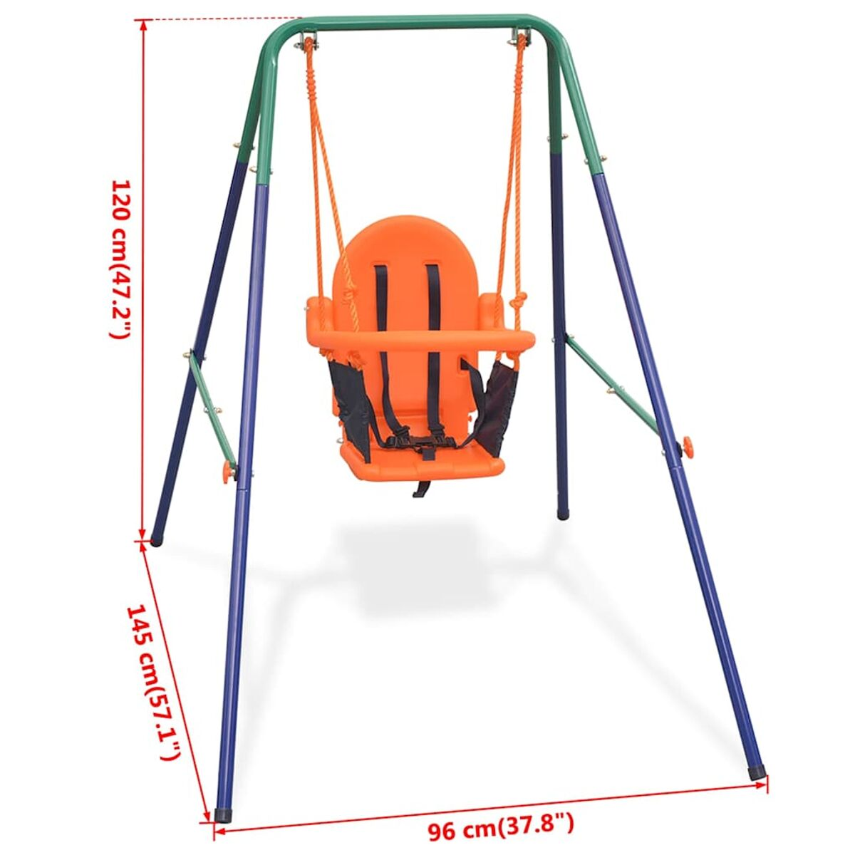 Ein Schaukelgestell mit einem orangefarbenen Babysitz. Blauer und grüner Metallrahmen mit Maßangaben.
