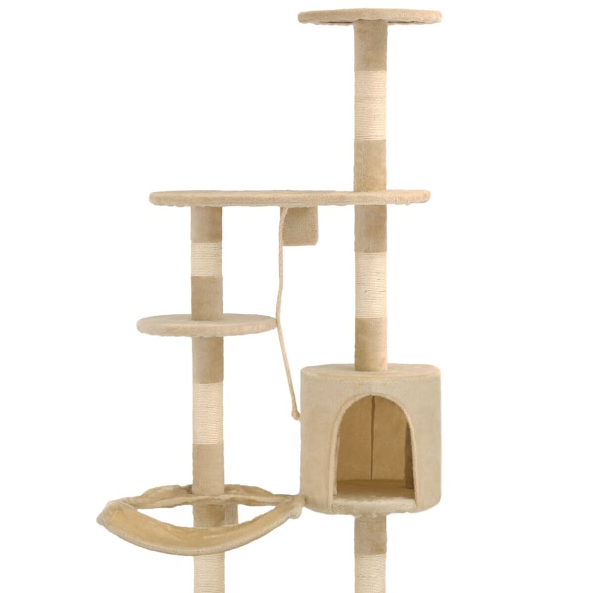 Katzenbaum mit mehreren Plattformen, einem Katzenhaus und einer Hängematte. Beige Farbe.