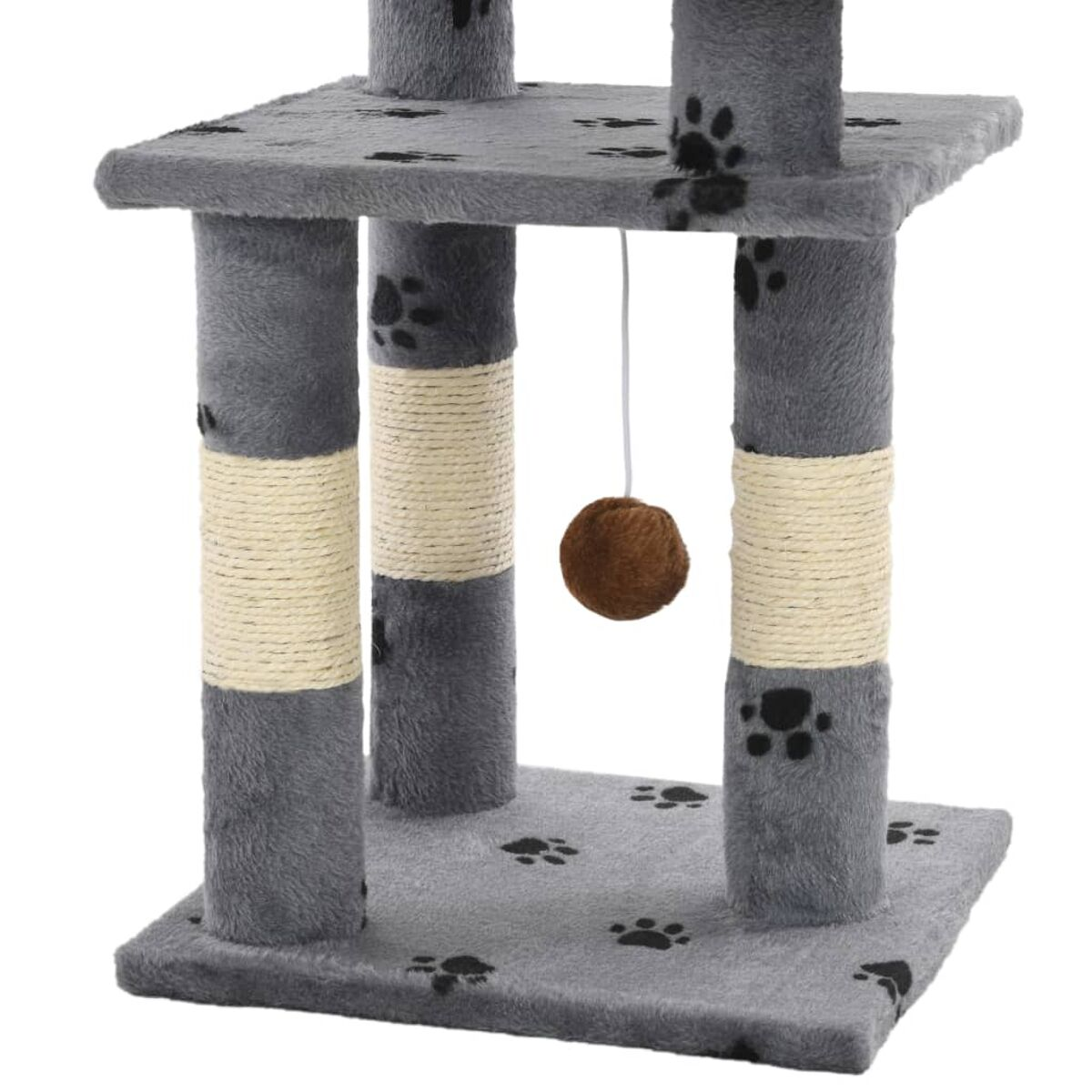 Ein grauer Katzenbaum mit mehreren Ebenen und einer baumelnden Kugel. Pfotenabdrücke auf den Plattformen.