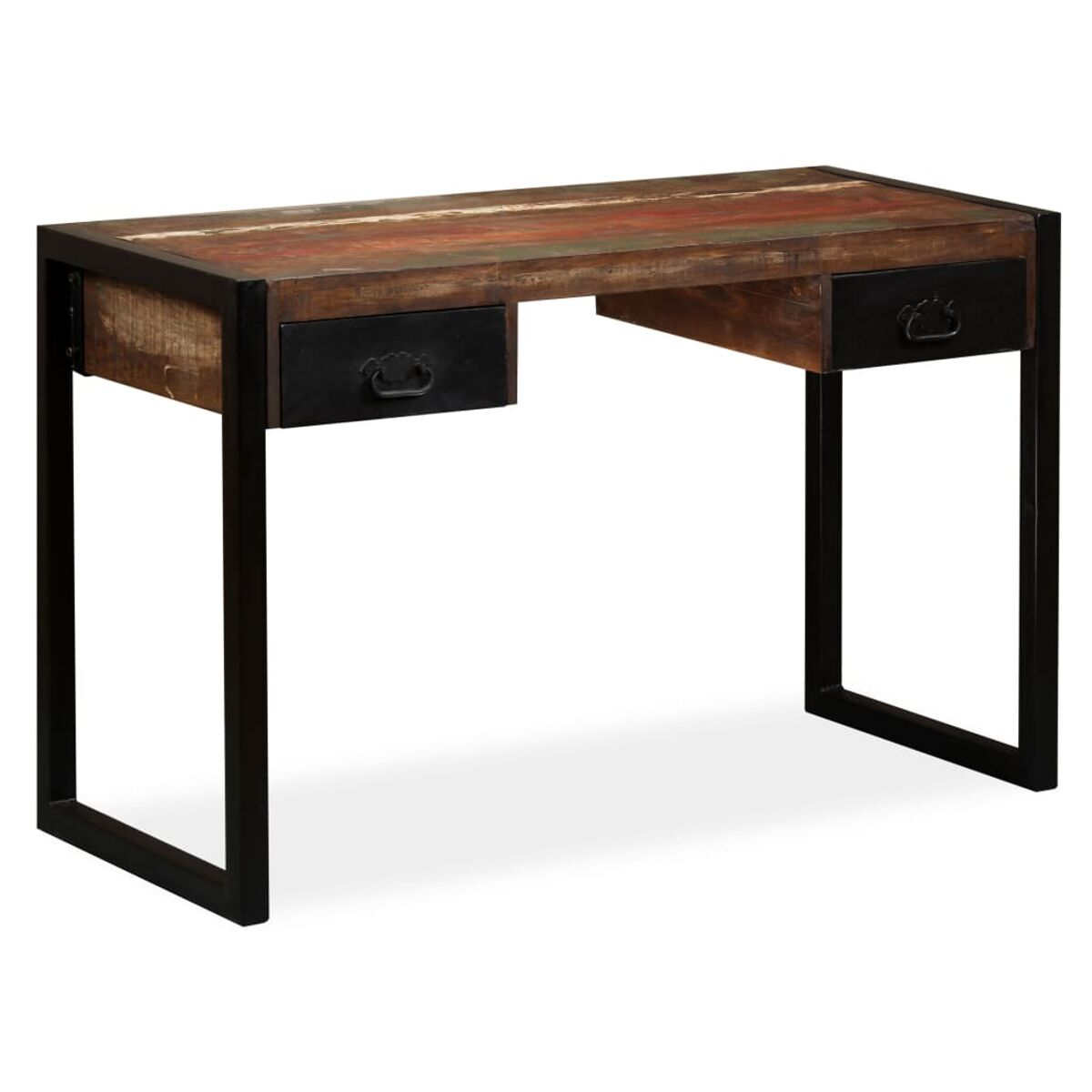 Ein Holzschreibtisch mit schwarzem Metallrahmen und zwei Schubladen.