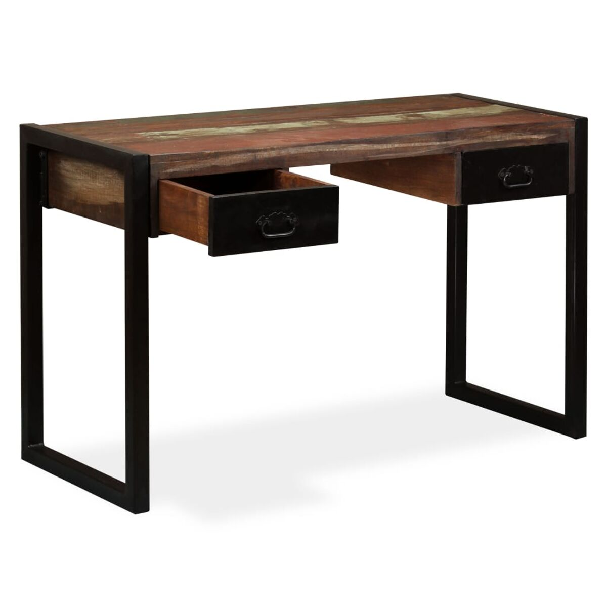 Holzschreibtisch mit zwei Schubladen, eine offen. Der Schreibtisch hat ein Metallgestell und einen rustikalen Look.