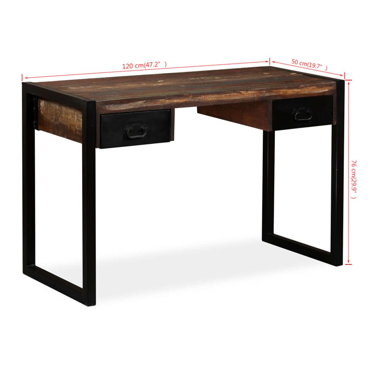 Holzschreibtisch mit zwei Schubladen. Schwarzes Metallgestell. Abmessungen in cm und Zoll.