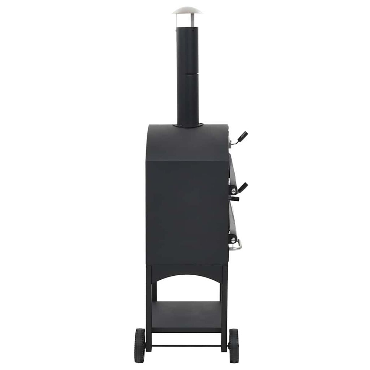 Un barbecue nero con camino e ruote, isolato su sfondo bianco.