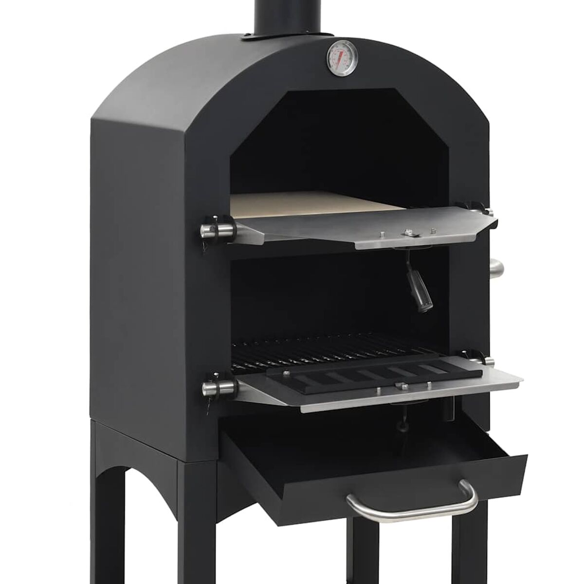 Forno per pizza nero da esterno con porta aperta, mensole e termometro.