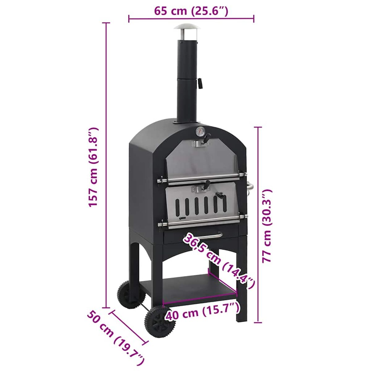 Forno per pizza nero da esterno con camino, ruote e ripiano portaoggetti.