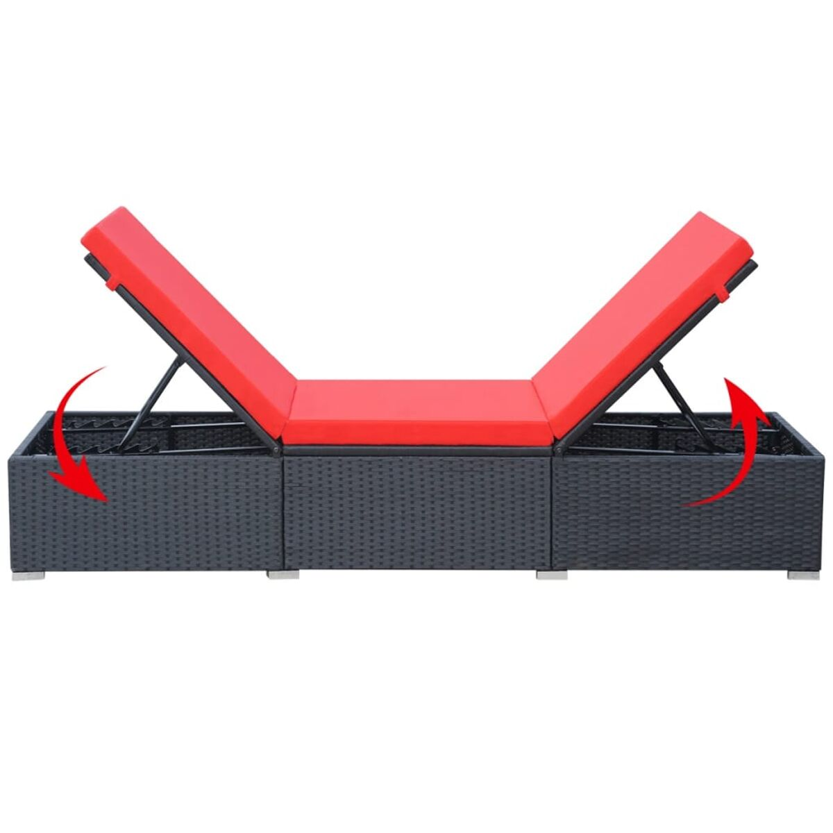 Outdoor-Sofa mit roten Kissen, dunkelgrauem gewebtem Rahmen und offenen Stauräumen.