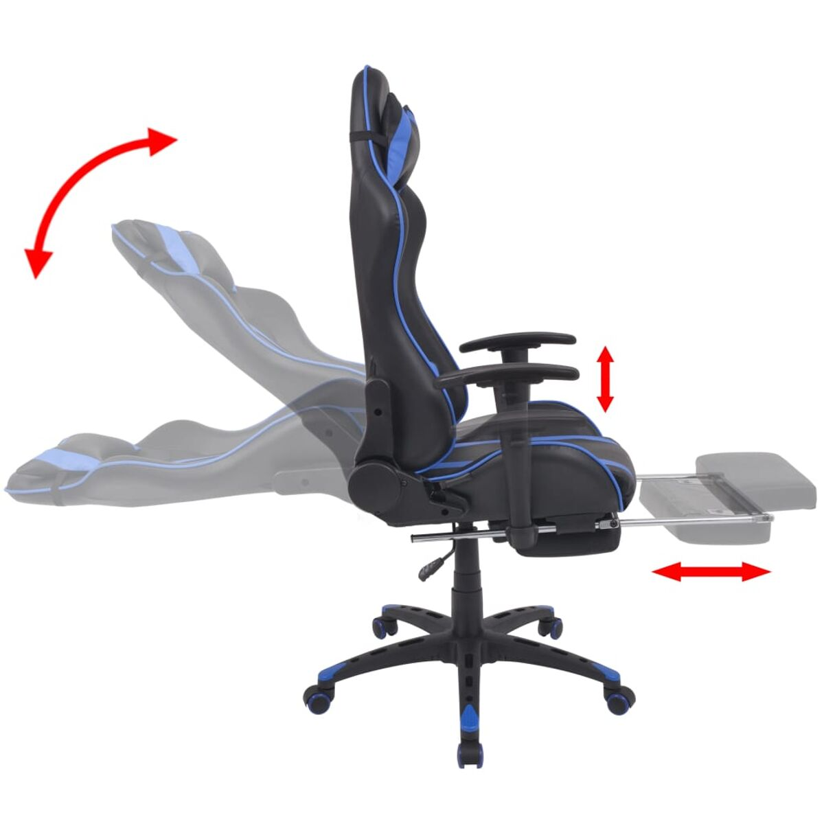 Ein schwarz-blauer Gaming-Stuhl mit Bewegungspfeilen.