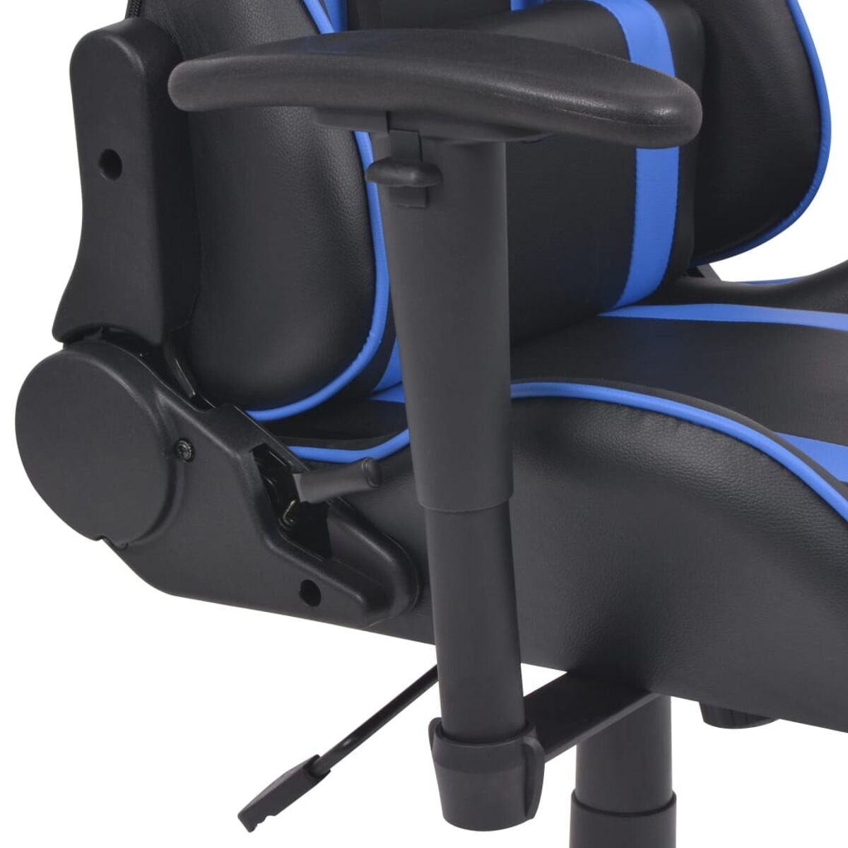 Nahaufnahme der Armlehne und der Rückenstützstruktur eines schwarzen und blauen Gaming-Stuhls.
