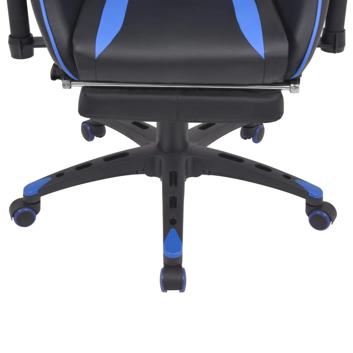 Nahaufnahme des Gaming-Stuhl-Untergestells. Schwarz und blau, mit Rollen.
