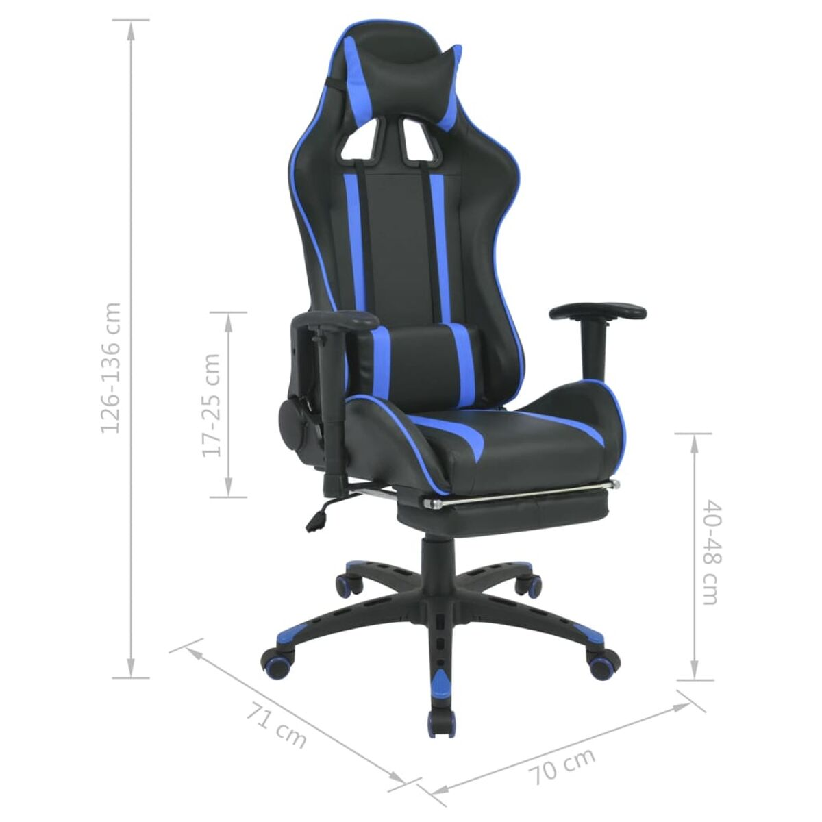 Schwarzer und blauer Gaming-Stuhl mit Maßen. Weißer Hintergrund, Stuhlabmessungen in Zentimetern.
