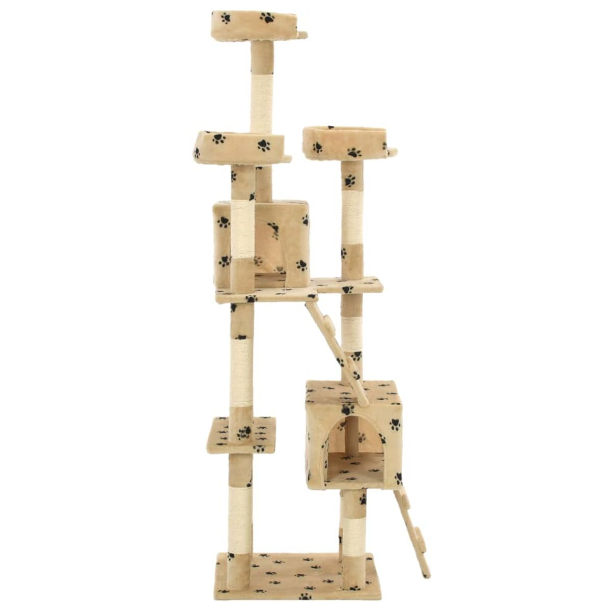 Ein hoher Katzenbaum mit mehreren Ebenen und Kratzbäumen, beige und braune Farben.