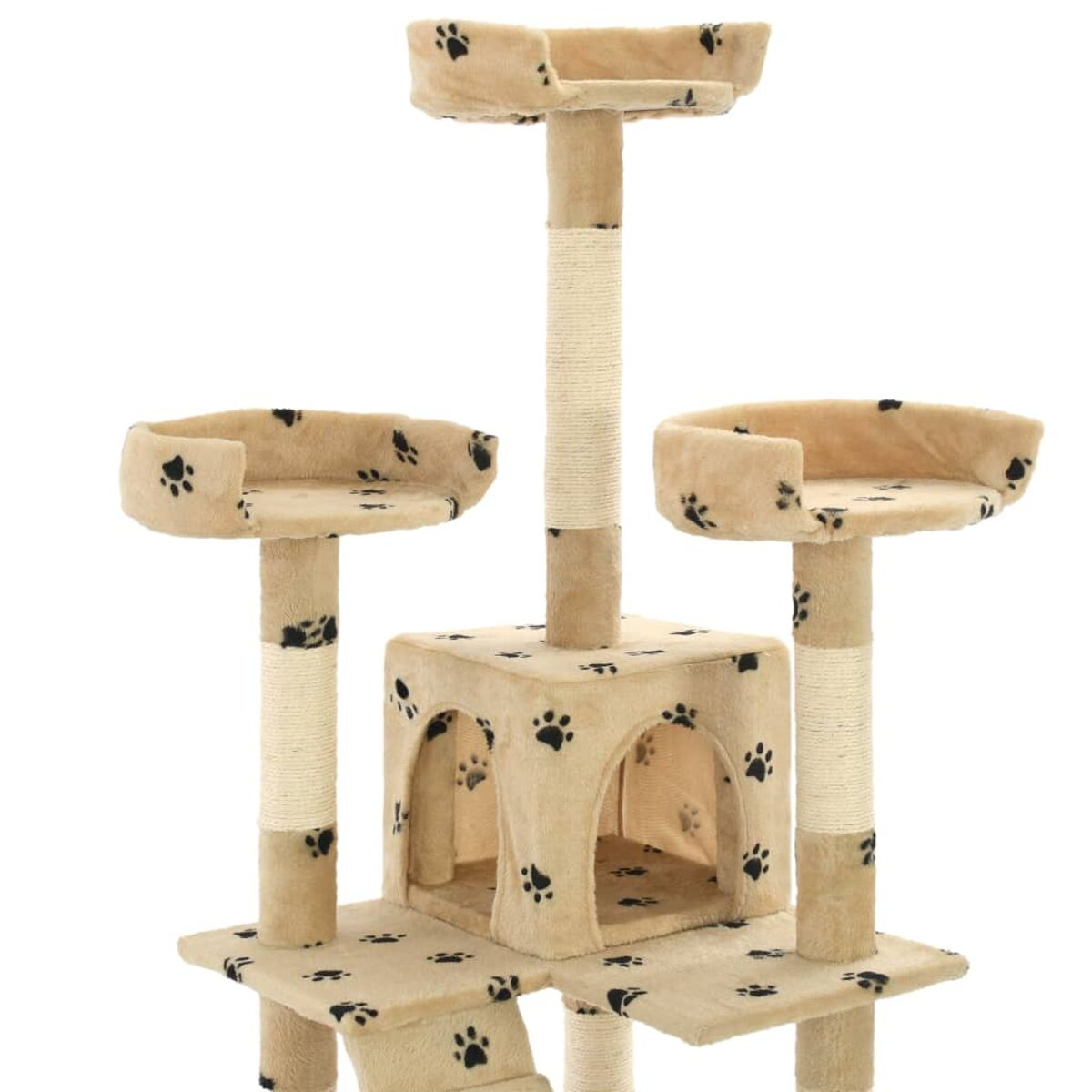 Beiger Katzenbaum mit Pfotenabdruck-Plattformen und einem Spielwürfel.