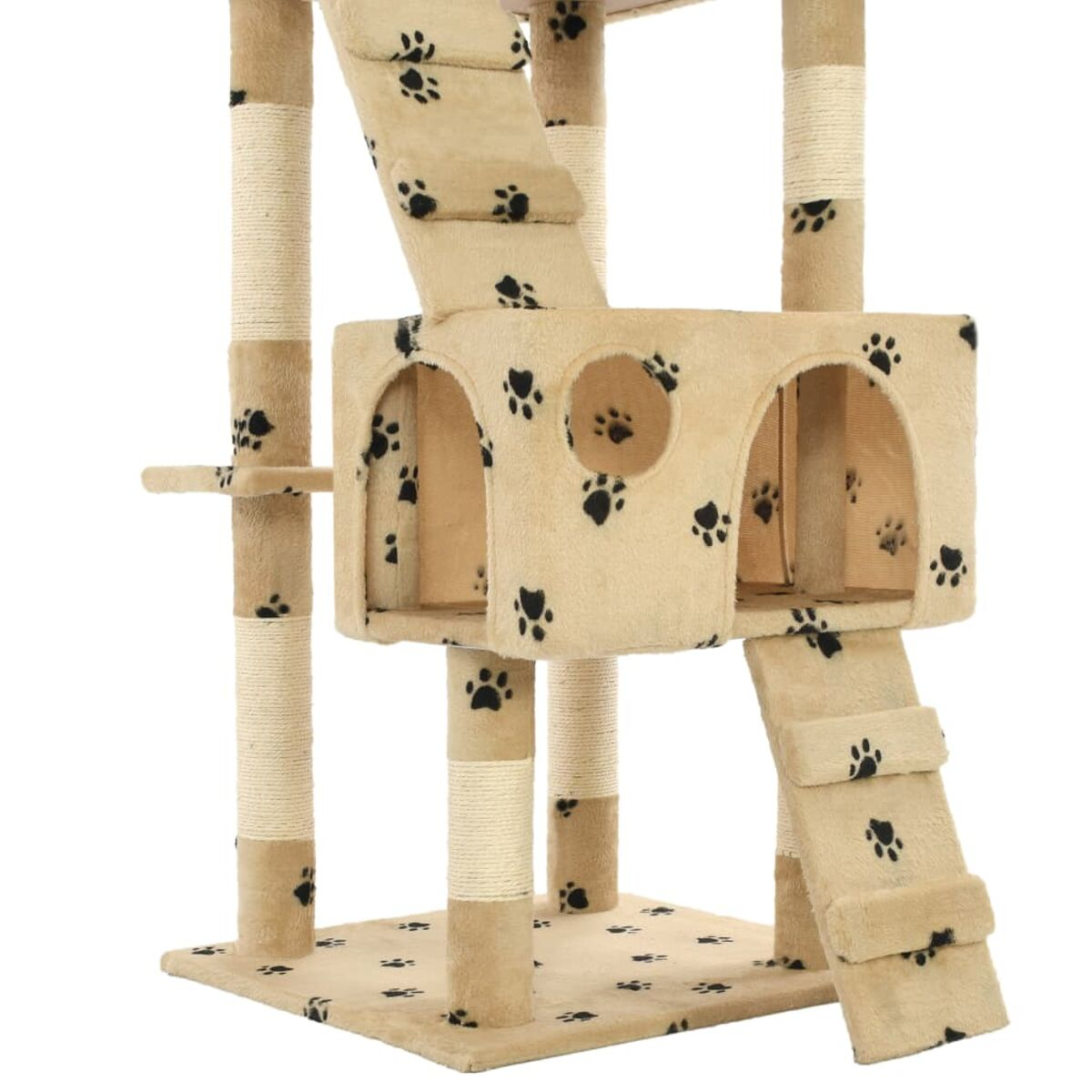 Beiger Katzenbaum mit mehreren Plattformen, Stufen und einem Katzenpfoten-Design.